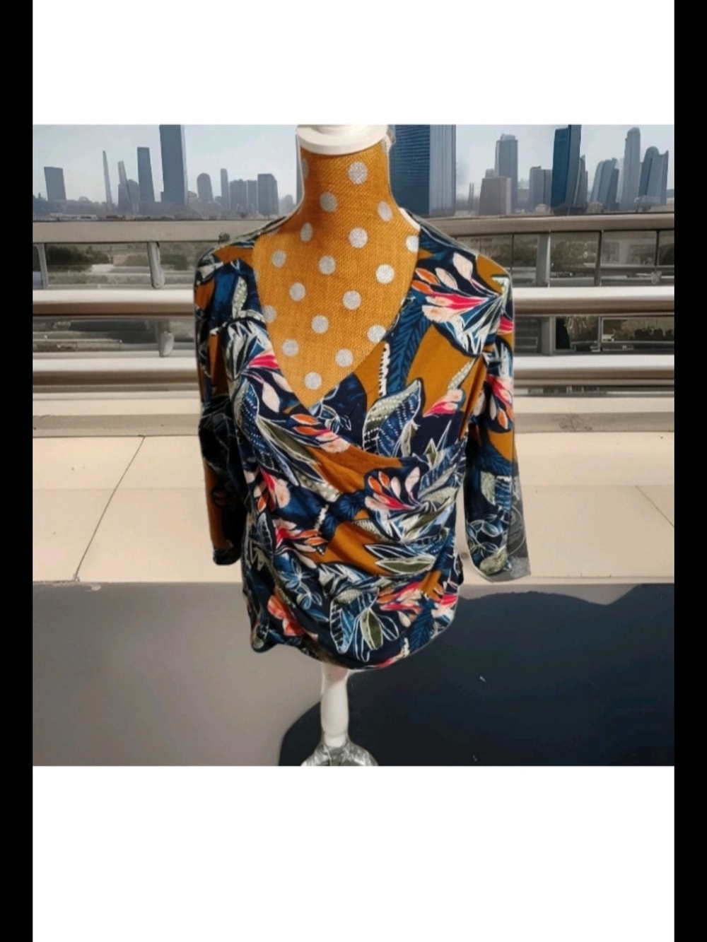 new directions Navy and Mustard Floral Wrap-Style Blouse